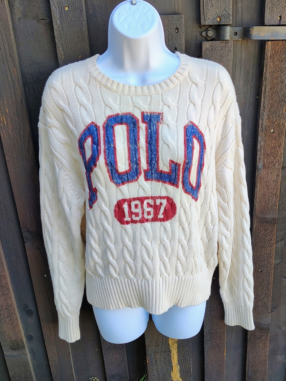 Polo 1967 Cable Knit Logo Sweater - Cream with Red & Blue